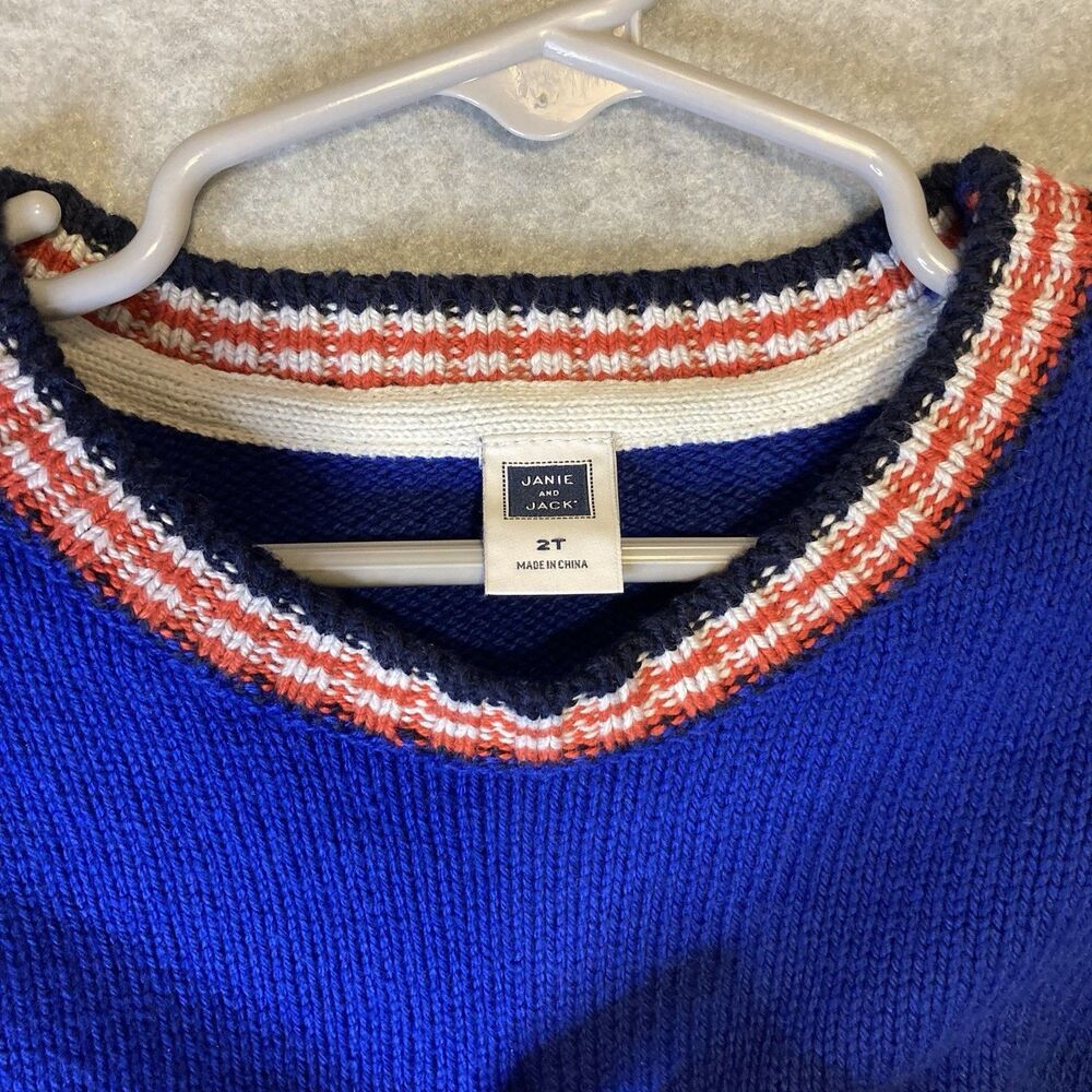 janie and jack Boys 2t Sweater Cotton Knit Royal Blue Stripe Coastal Preppy - Picture 2 of 7